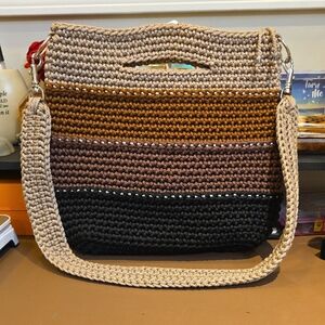 Handmade Crocheted Striped Tote Bag in Beige, Brown & Black